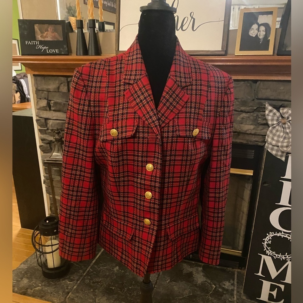 VTG Pendleton Red Tartan Plaid Wool Blazer with Gold Buttons 12